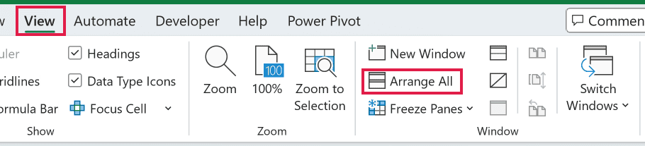 Arrange All in the Window group of the View tab