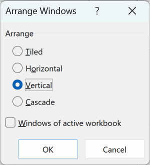 The Arrange Windows dialog box with Vertical selected