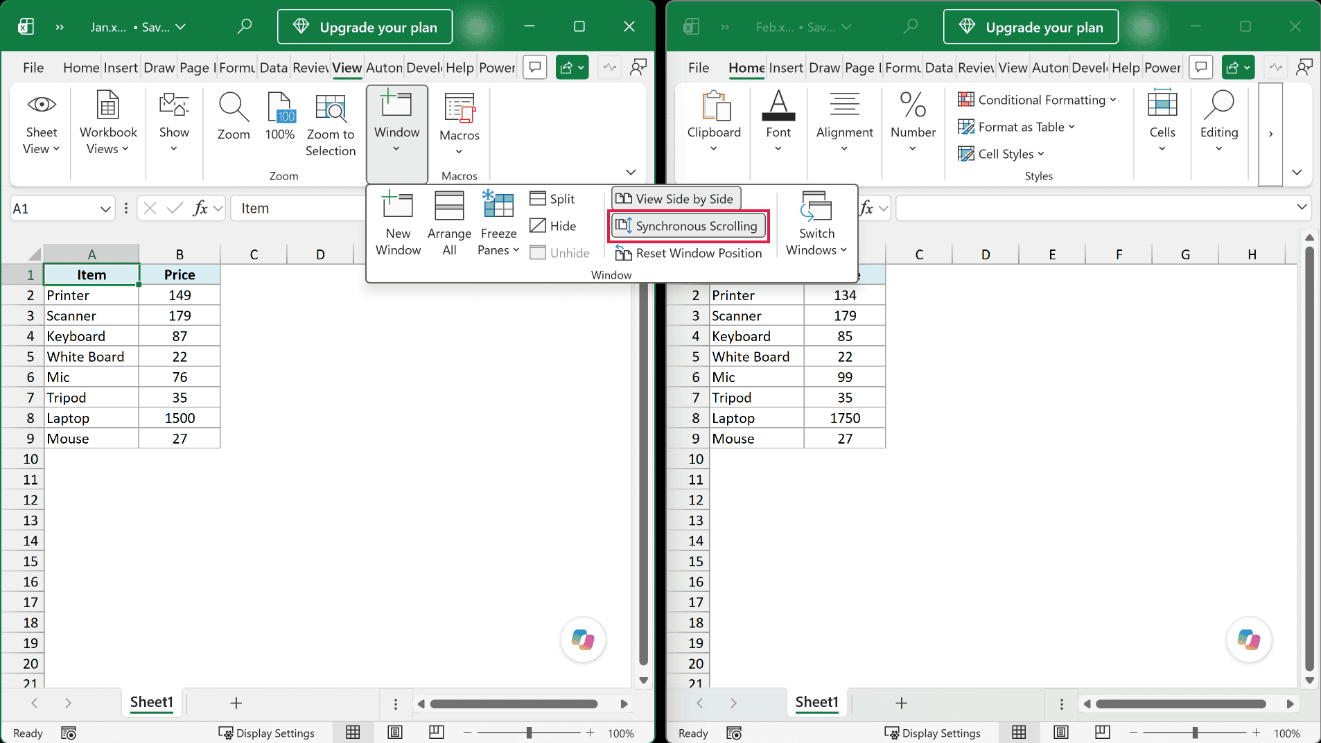 Synchronous Scrolling turned on with the Jan and Feb files side by side