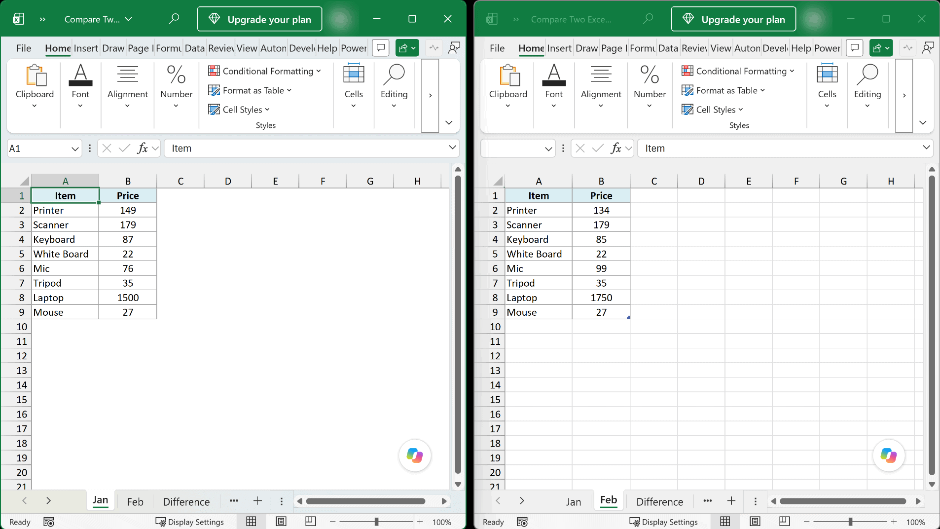 Two windows of the same workbook side by side, Jan on the left and Feb on the right