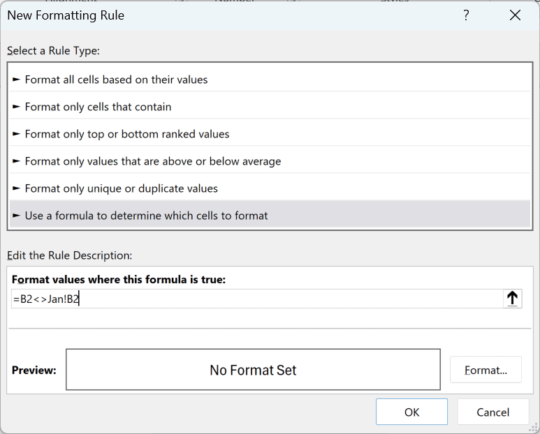 The New Formatting Rule dialog box with the formula =B2<>Jan!B2