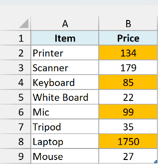 The Feb prices that changed from Jan highlighted in orange: Printer, Keyboard, Mic, and Laptop