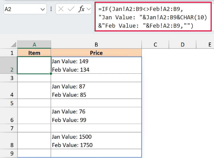 The formula in A2 of the Difference sheet listing the Jan and Feb values for each changed price