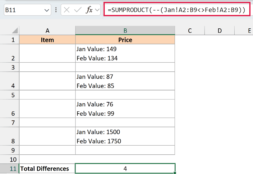 The SUMPRODUCT formula in B11 returning 4 differences