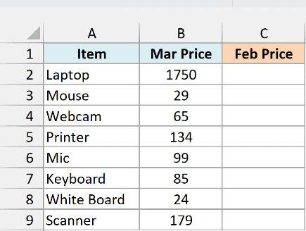 The March price list in a different order, with Webcam added and Tripod dropped