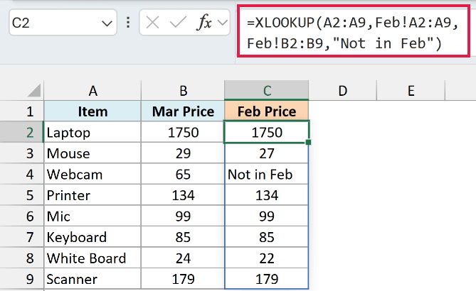 The XLOOKUP formula in C2 returning the February price of each March item