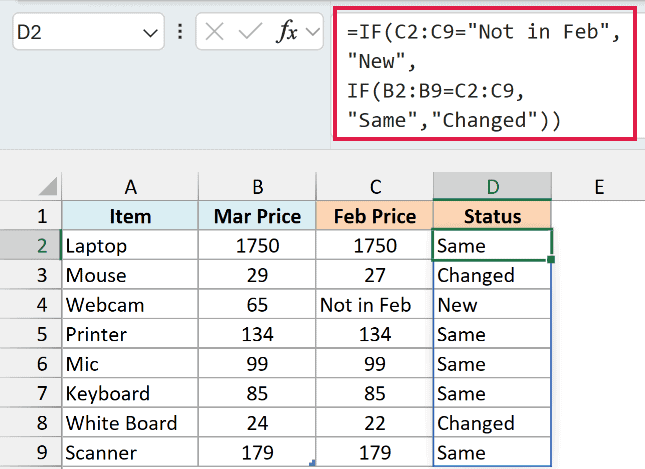 The Status formula in D2 labeling each item Same, Changed, or New