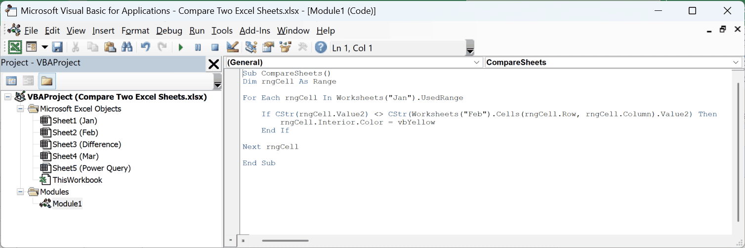 The CompareSheets macro pasted into a module in the VB Editor
