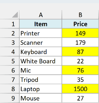 The Jan sheet with the changed prices in B2, B4, B6, and B8 filled yellow by the macro