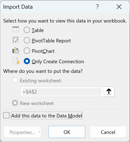 The Import Data dialog box with Only Create Connection selected