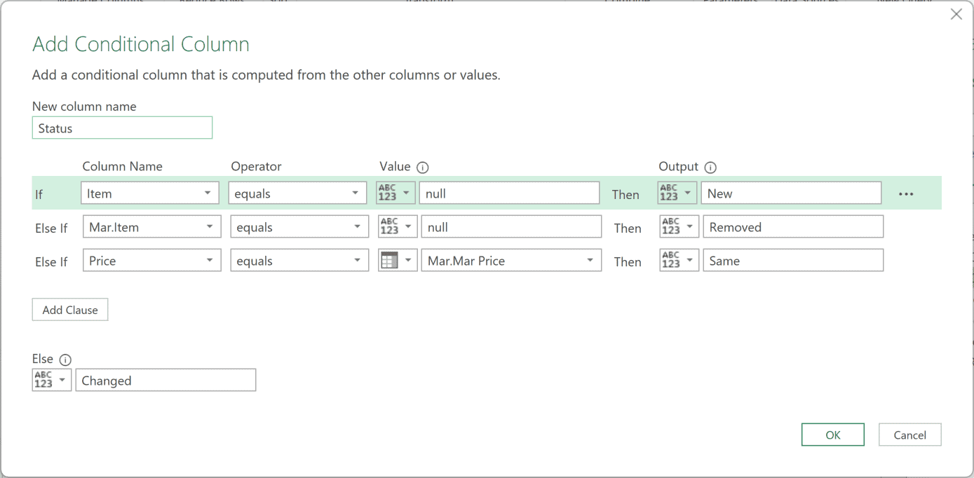 The Conditional Column dialog box that creates the Status column