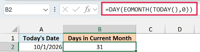 DAY, EOMONTH, and TODAY formula returning the total days in the current month.