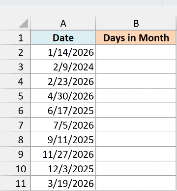 A list of dates in column A for calculating the number of days in each month in Excel.