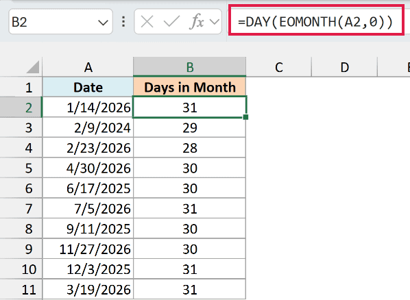 DAY and EOMONTH formula in B2, copied down to return the number of days in the month for each date.