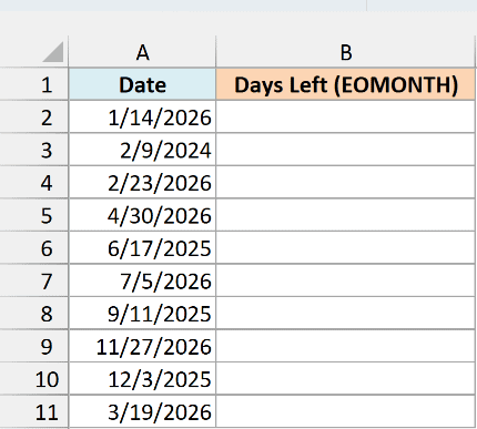 A list of dates in column A for calculating the days left in each month.