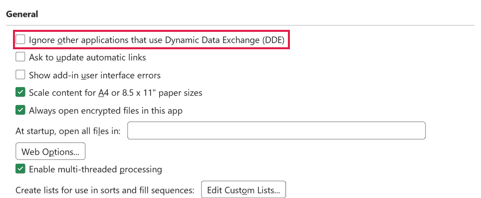 The Ignore other applications that use Dynamic Data Exchange (DDE) option in the General section of Excel Options > Advanced