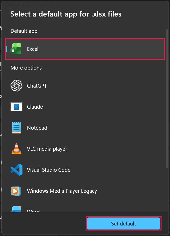 The default app picker for .xlsx files with Excel selected and the Set default button