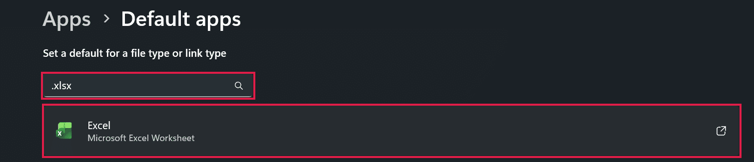Windows 11 Default apps page with .xlsx typed in the file type search box