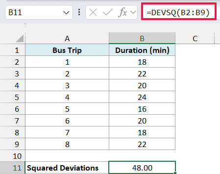 DEVSQ returns 48.00 for the eight bus-trip durations.