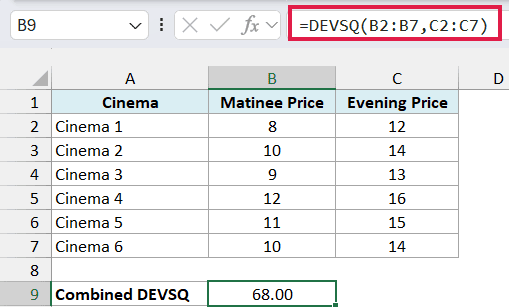 DEVSQ combines both price ranges and returns 68.00.