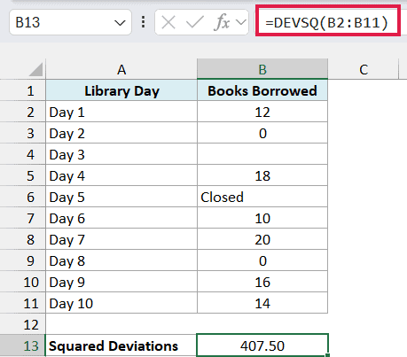 DEVSQ returns 407.50 using the eight numeric library counts.