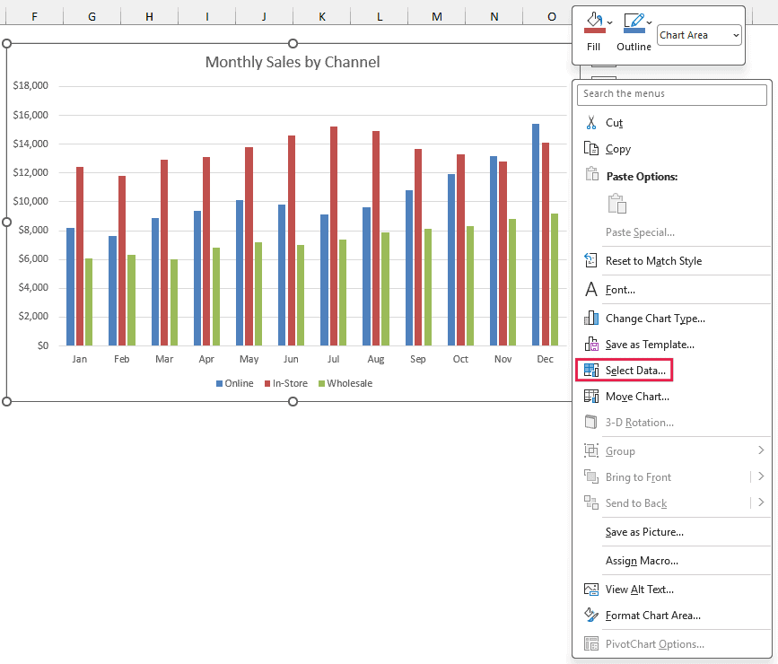 Select Data option in the chart's right-click menu