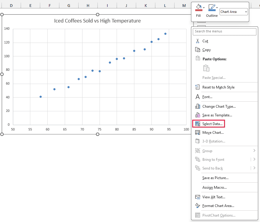 Select Data option in the scatter chart's right-click menu