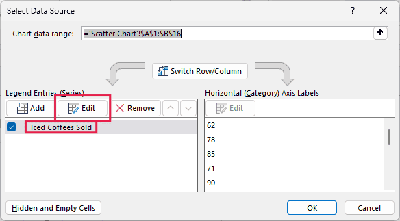 Select Data Source dialog for the scatter chart