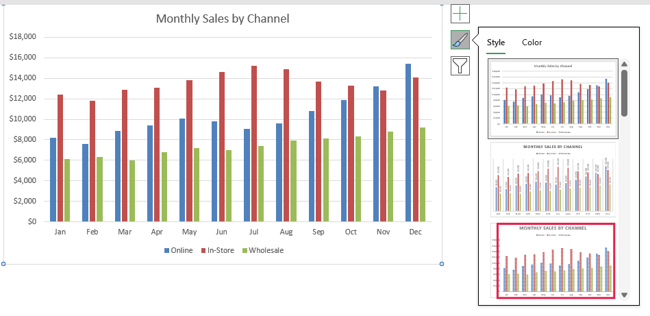 Style tab of the Chart Styles menu with a chart style highlighted