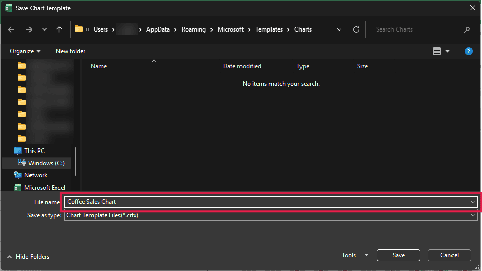 Save Chart Template dialog saving to the default Charts folder