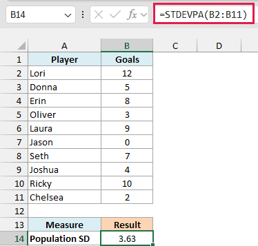 STDEVPA returns a population standard deviation of 3.63 goals for the whole team.