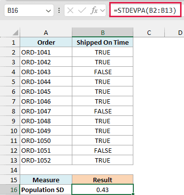 STDEVPA reads TRUE as 1 and FALSE as 0 and returns 0.43 for the on-time status.