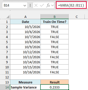 VARA counts TRUE as 1 and FALSE as 0 and returns 0.2333.