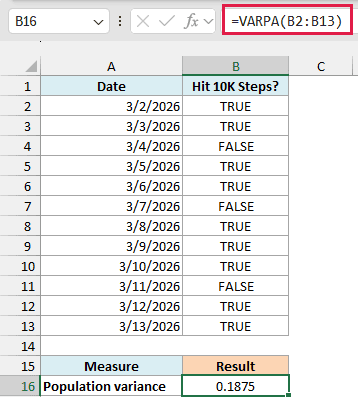 VARPA counts TRUE as 1 and FALSE as 0 and returns 0.1875.