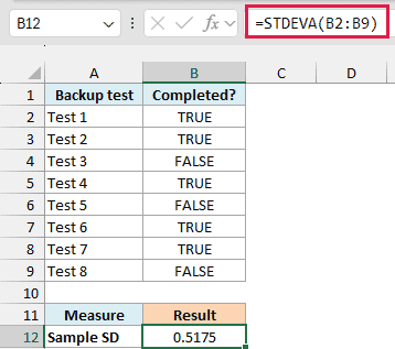 STDEVA includes the logical backup results and returns 0.5175.