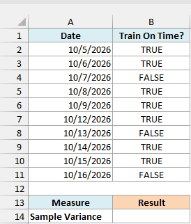 A ten-day train on-time log stored as TRUE and FALSE values.