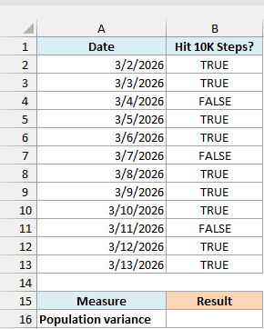A 12-day step tracker with TRUE on days the 10,000-step goal was hit.