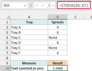 STDEVA counts the two None entries as zero and returns 3.3466.