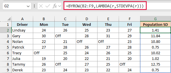 One BYROW formula with STDEVPA spills each driver's population standard deviation into column G.