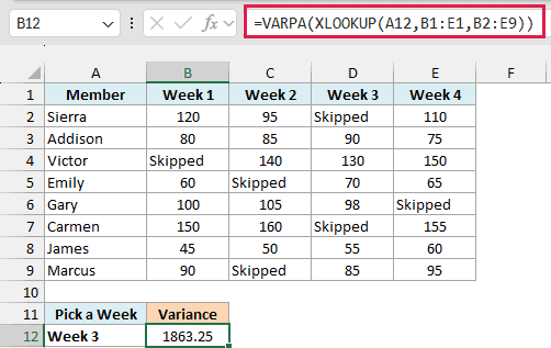 VARPA with XLOOKUP returns 1863.25 for Week 3, counting Skipped as 0.