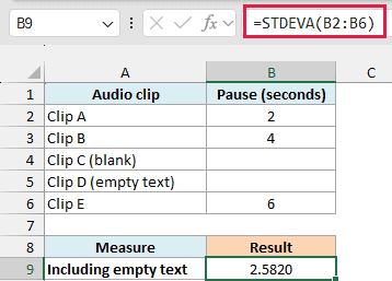STDEVA counts empty text as zero but ignores the real blank, returning 2.5820 seconds.