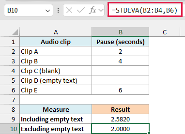 Excluding the empty-text cell from STDEVA changes the result to 2.0000 seconds.