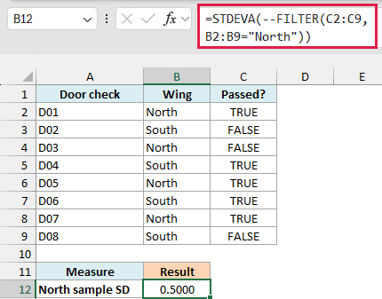 STDEVA with FILTER and double-minus conversion returns 0.5000 for North-wing outcomes.