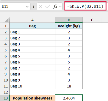 Excel bag weights with the SKEW.P formula and population skewness result