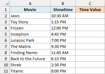 Movie showtimes stored as text in column B of an Excel sheet