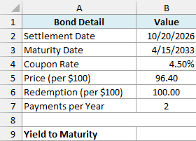 Bond details with settlement date, maturity date, coupon rate, price, redemption and payments per year