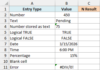 Different kinds of values (number, text, TRUE, FALSE, date, blank, error) to test with the N function