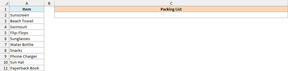Beach trip packing list with an empty Packing List result cell