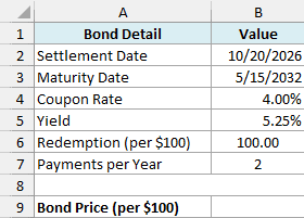 Bond details with settlement date, maturity date, coupon rate, yield, redemption and payments per year