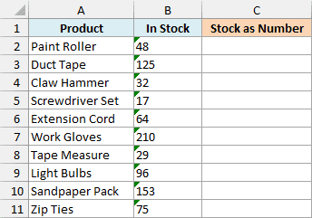Excel dataset of store stock counts stored as text in column B
